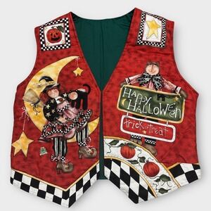 VTG Halloween Vest Women's Handmade‎ Witch Cat Pumpkin Sleeveless Embellished